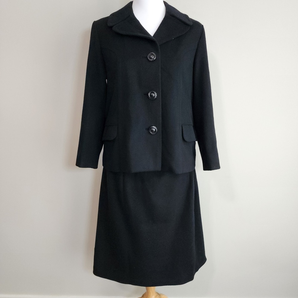Wool Suit Set Skirt Blazer‎ Womens Medium Designer Tailored Funeral Corporate